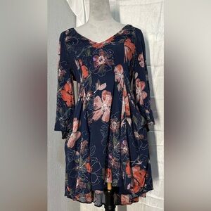 Free People Eyes on You Floral Printed Long Sleeve Mini Dress Navy Blue Sz 6